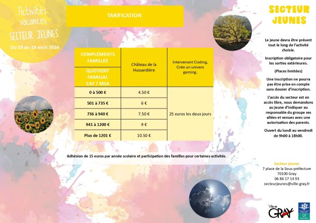 Tarifs vacances été secteur jeunes gray