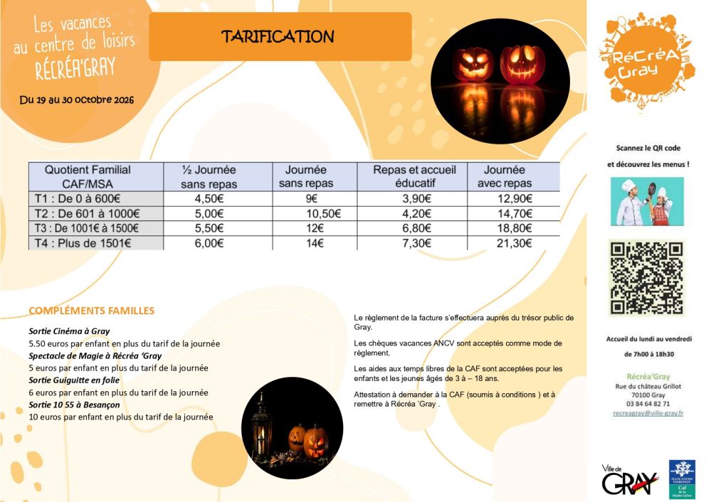 Tarifs vacances toussaint Récréa'Gray