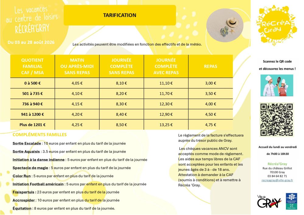 Tarifs vacances d'été Récréa'Gray